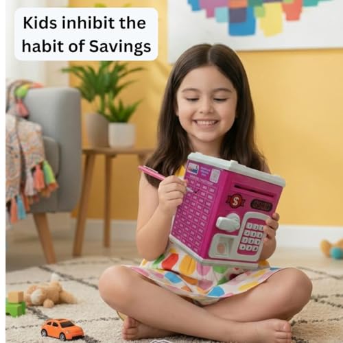 Image of ATM Piggy Bank for Kids Boys and Girls | Money Box with ₹10,000 Saving Target | Money Bank with Lock Touch Sensor | Auto Scroll Cash Gullak for Kids | Piggy Bank for Girls & Boys (Pink)