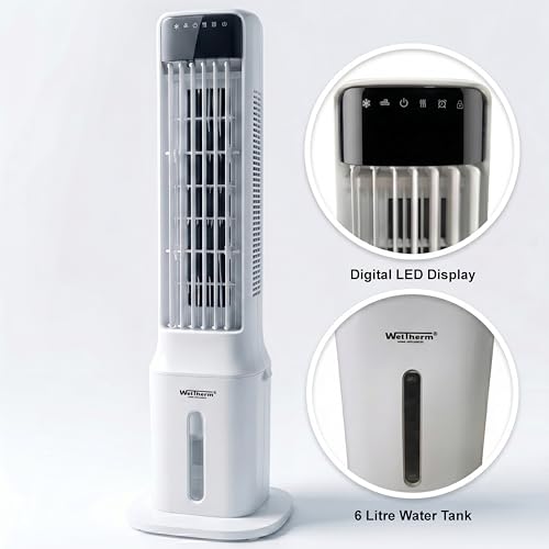 Image of WelTherm 6L Tower Air Cooler for Room, Home & Office with Remote Control, Top Water Refill | Ice Chamber, Digital LED Display Touch Panel, 3 Modes & Speeds 24H Timer | Noiseless| 4 Ice Packs WX-SWIFT