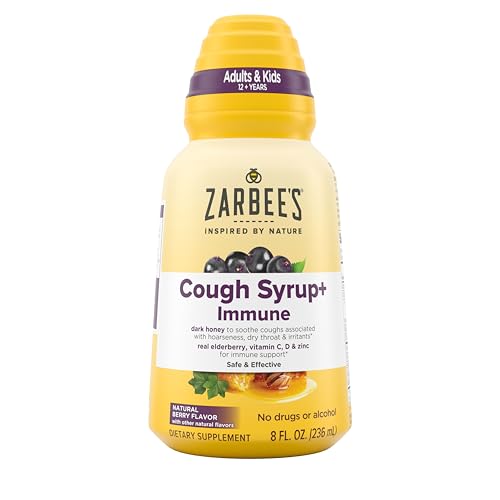 Zarbee's Honey Cough Syrup + Immune for Adults & Children 12+, Cough Syrup with Dark Honey, Real Elderberry, Vitamin C, D & Zinc for Immune Support*, Drug & Alcohol-Free, Berry, 8 fl. oz