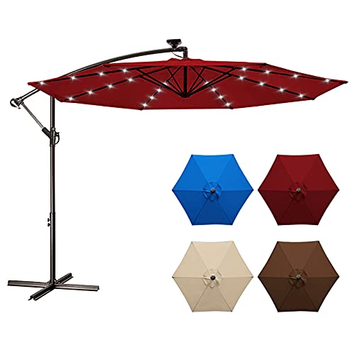 LOVE STORY 10ft Solar LED Offset Patio Umbrella,8 Ribs-Cantilever Hanging Umbrellas,Polyester Shade with Crank & Cross Bases,32 LED Lights Umbrella-Burgundy