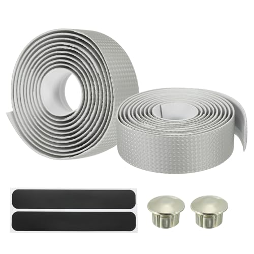 PATIKIL バイクハンドルテープ 2パック EVAカーボンハンドルグリップラップ レーシングバイク ロードバイク用 ノンスリップバイクハンドルテープ シルバー 黒エンドプラグ付き