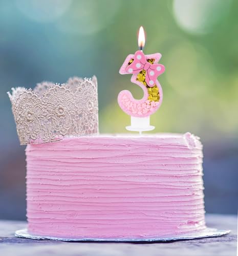 Kinsynko 3 candele di compleanno ragazza carina numero 3 candele per torte di compleanno, fiocco rosa 3D 3 candele di compleanno per donne principessa tema dolce 3° compleanno anniversario festa