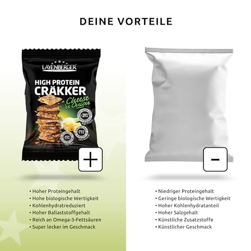 Layenberger High Protein Cräkker, Snacks mit viel Eiweiß und wenig Kohlenhydraten, (8 x 75 g) - Cheese`n Onion