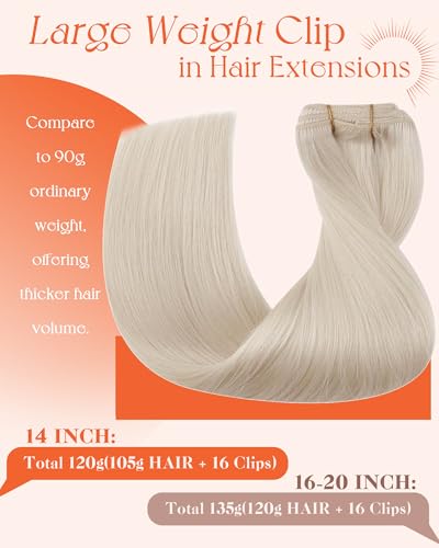 Image of Sunny Hair Clip in Hair Extensions Real Human Hair Platinum Blonde 14 Inch | Human Hair Clip in Extensions, Natural Length and Blended Shape with Soft Layers for Family Gathering for Women 120g