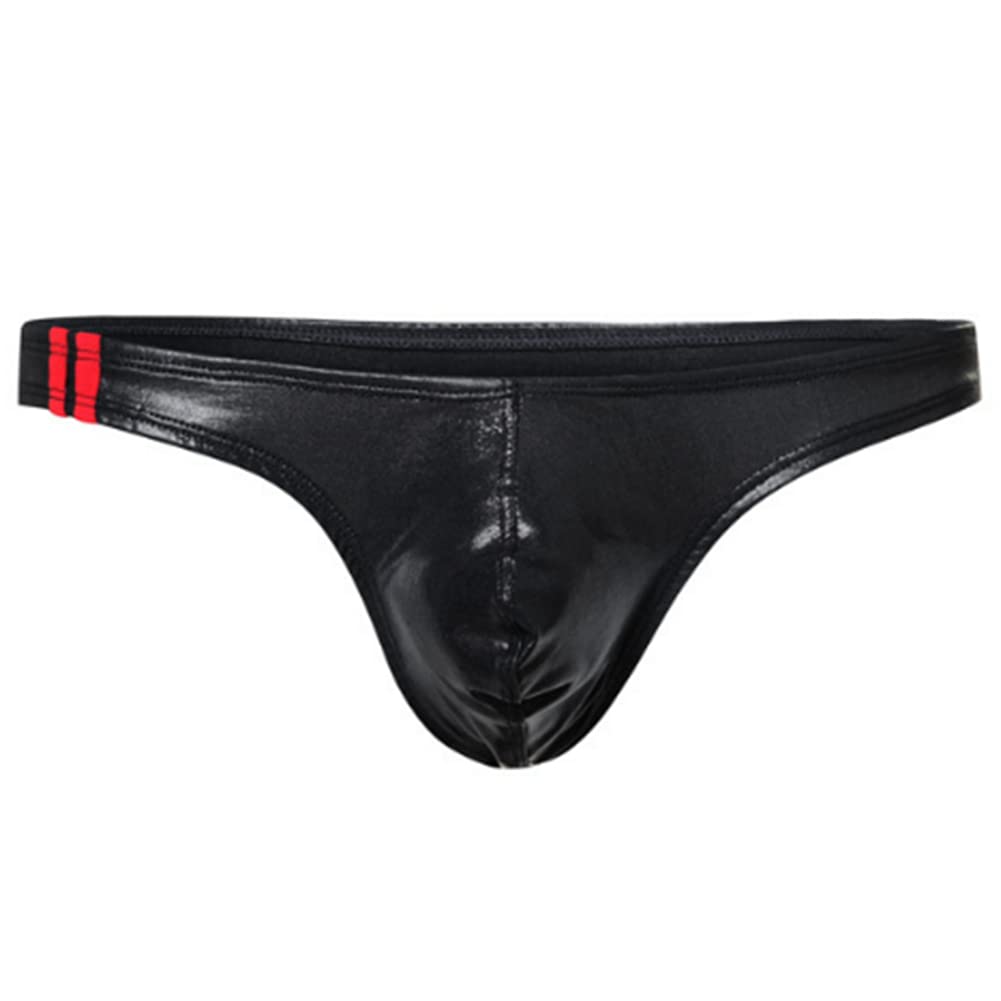XYFfybhsd Man Patent Leather Knickers Low Waist G-Strings Thongs Faux Leather Bulge Pouch Jockstraps(Size:L,Color:Black)