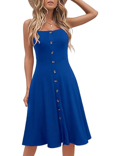 Image of Berydress Women's Casual Beach Summer Dresses 2026 Solid Cotton Flattering A-Line Spaghetti Strap Button Down Midi Sundress