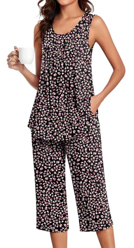 Bestbee Womens Sleeveless Pajama Sets 2 Piece Sleepwear Summer Lounge Outfits Henley Tanks Capri Pants Ladies Pjs