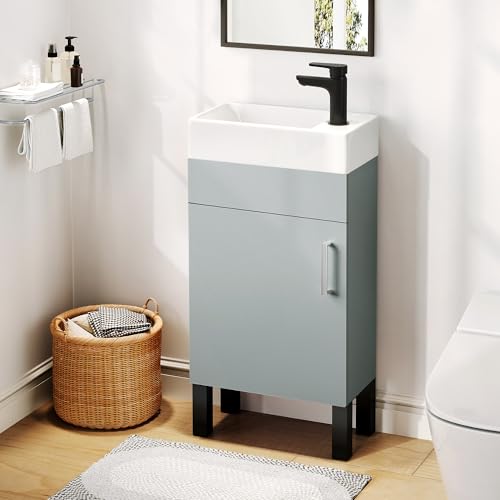 DWVO 16 Inch Bathroom Vanity Sink Combo for Small Space, Freestanding Bathroom Cabinet with Undermount Ceramic Sink, Modern Bathroom Storage Vanity Soft-Close Doors, Grey