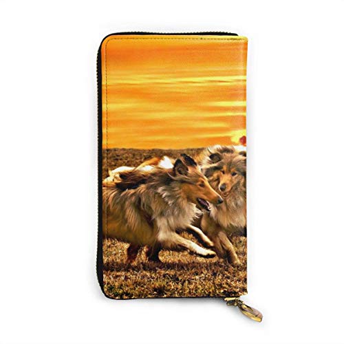 Preisvergleich Produktbild JHGFG Schäferhund spielt bei Sonnenuntergang Echtes Leder Geldbörse Lange Damen Geldbörse Handtasche Multi Kartenhalter Organizer Für Frauen Personalisiert