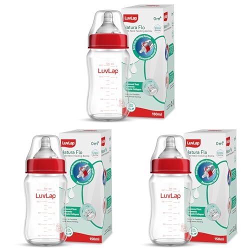 Image of LuvLap Natura Flo Wide Neck Glass Feeding Bottle, New Born /Infants /Toddler Upto 3 Years, BPA Free, Ergonomic Shape is Easy to Hold, with Anti Colic Nipple, 150ml (Pack of 3)