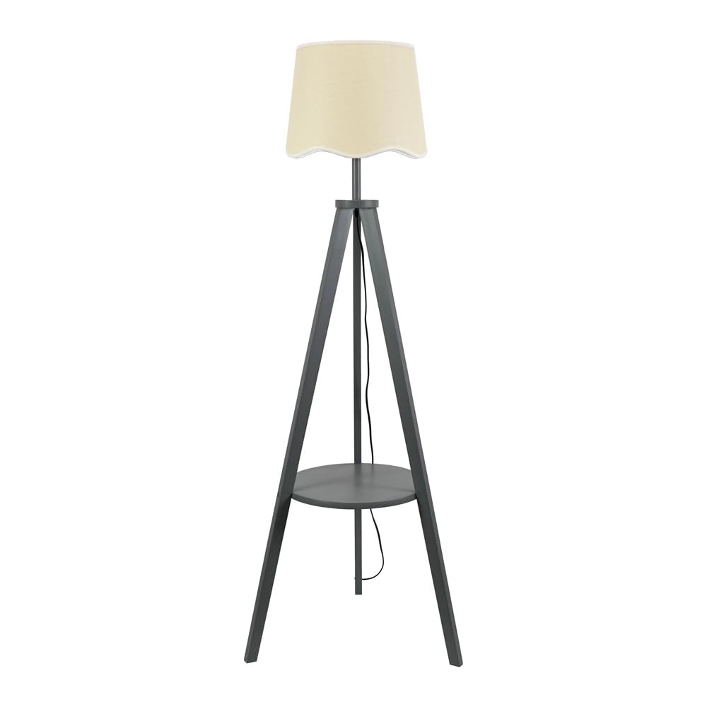 Valuelights Morrigan Wood Shelf White Trim Scallop Shade Grey Tripod Floor Lamp With Bulb