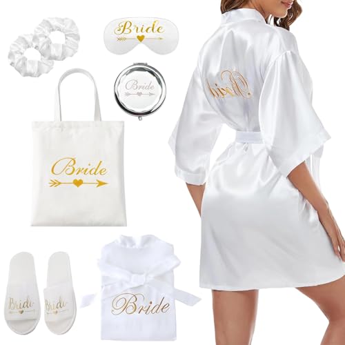LIUQOBN Conjunto de 7 piezas de bata y pantuflas para novia, bata, kimono para mujer, bata de baño, pijamas, vestido de boda, fiesta, mañana, pijama con cuello en V (blanco), blanco, L
