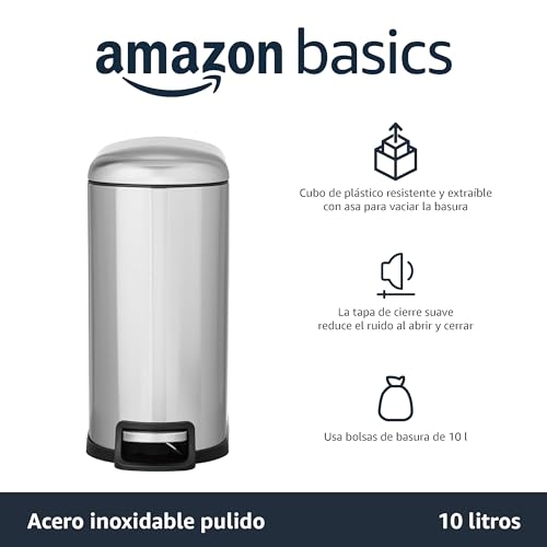 Miniatura 2 de Amazon Basics Bote de basura pequeño en forma de D resistente a las manchas, pedal de cierre suave, para baño, recámara o sala, forma delgada para espacio estrecho, 10 l, acero inoxidable cepillado