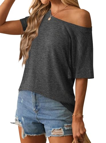 Image of Hilinker Womens Sexy Off The Shoulder Tops Short Batwing Sleeve T Shirt Oversized Casual Tee Charcoal Heather Large