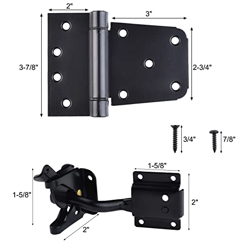 Self-Closing Heavy Duty Gate Hardware Kit 1 Pack Self-Locking Gate Latch & 2 Pack 3.5" Adjustable Spring Gate Square Barn Hinges, Gate Hardware Set For Wood Vinyl Fence Gate Shed Door, Black Finish #TOP2
