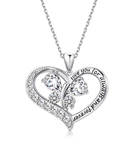 Sllaiss 925 Sterling Silver Love You Forever Heart Crystal Necklace for Women Engraved Love Butterfly Pendant Fine Necklace, Crystals from Swarovski