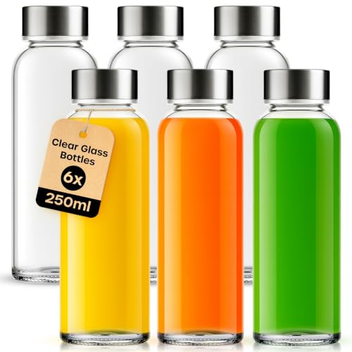 volila Glass Bottles with Lids - 6 Pack 250ml Leakproof Reusable Glass Drinking Bottle for Water Juice Milk and Smoothie - with Airtight Metal Lids Cleaning Brush and White Labels
