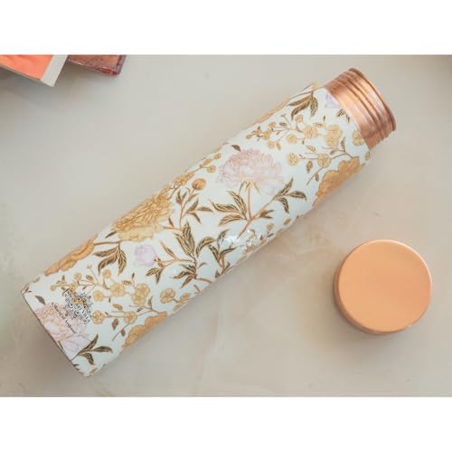Image of Indian Art Villa Copper Gold Flower Print Bottle - 800 ML, Pure Copper Ayurvedic Water Bottle with Leak-Proof Lid, Ideal for Office, Yoga, Travel, and Gifting
