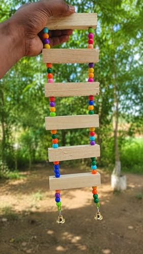 Image of Raindrops Bird Ladder Toy for Cage - Wooden Climbing Ladder with Colorful Beads & Bell|Bird Enrichment Toy for Budgies|Lovebirds & Small Birds|Training aid Toy (Heigth14 inch)