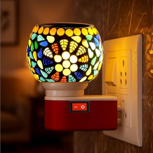 Image of K D Ceramic Electric Kapoor Dani Lamp with Glass Bowl | Camphor Diffuser Burner & Night Lamp for Pooja, Aromatherapy & Mosquito Repellent | (Randoum Design)