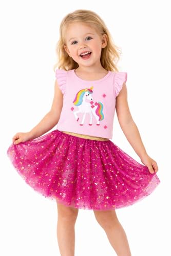 Image of HILEELANG Girls Skirt Set 2 Piece Outfit Cotton Tee Tulle Skirt Set | Soft Cotton Tee, Applique Detail, Layered Tulle Skirt with Lining, Lightweight Comfort for Toddler Little Girls