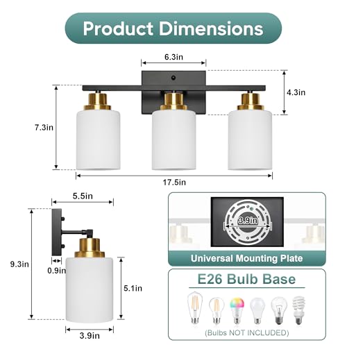 Image of Ascher Bathroom Light Fixtures, 3-Light Vanity Light Over Mirror, Black and Gold Wall Sconces with Milky White Frosted Glass Shades, Wall Lamp for Living Room Bedroom, E26 Base(Bulbs Not Included)