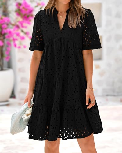 Image of BTFBM Womens Boho Summer Dresses 2026 Spring V Neck Short Sleeve Hollow Out Lace Ruffle Casual Beach Mini Vacation Dress