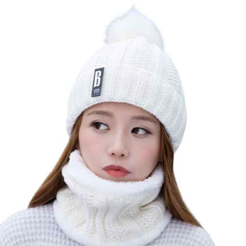 women's knit scarf beanie hat 2pcs set fleece lined pom skull cap scarves soft warm winter gift set (white,freesize)