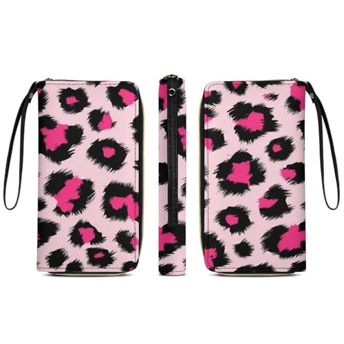 Travel Purse Fashion Design, Huge Storage Capacity Wallet With Rope, Cute Decor Purse, Long PU Zipper Wallet Pink Cheetah Animal Skin Leopard Print3