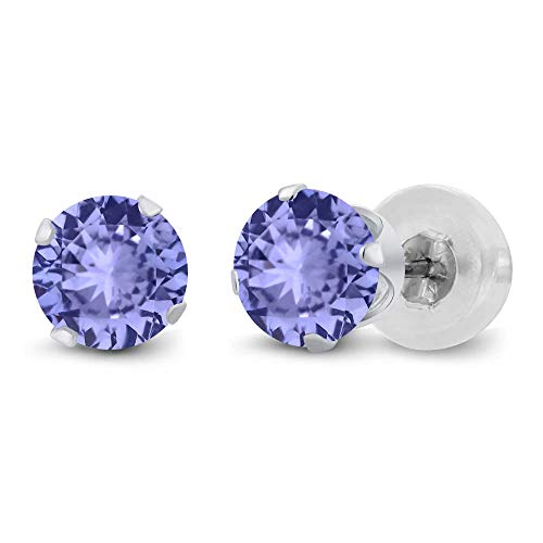 Gem Stone King 14K White Gold Round Blue Tanzanite Earrings For Women Men (0.92 Cttw, Gemstone Birthstone, Round 5MM)