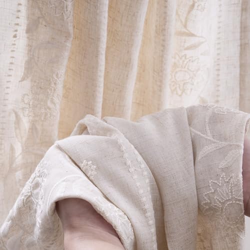 Image of jinchan Ivory Floral Linen Kitchen Tier Curtains 45 Inch Back Tab 2 Panels