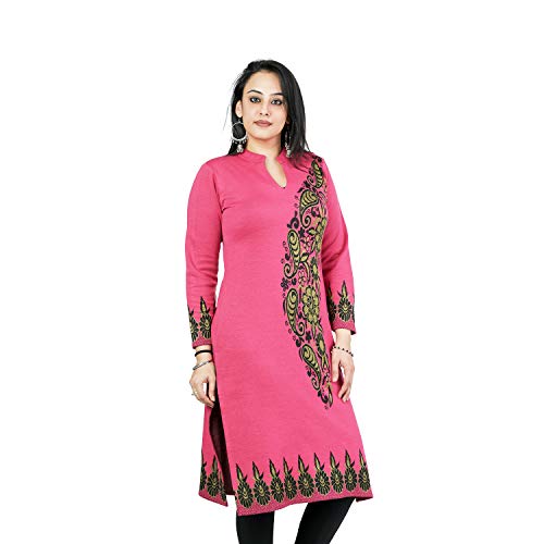 Image of Rosary Women's Winter Wear Jacquard Woolen Straight Kurti with 2 Side Pockets,Hotpink Kurti,XL