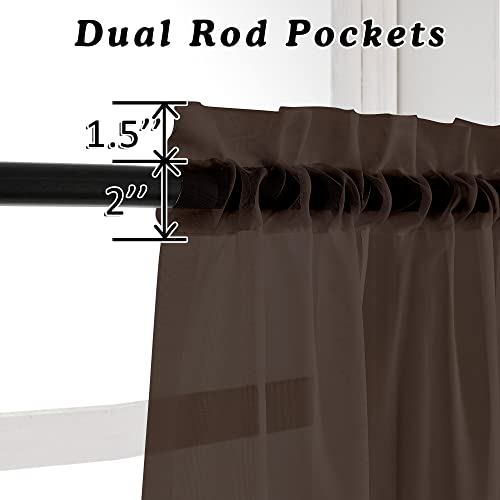 Image of OVZME 2 Panels Chocolate Brown Sheer Valance - Short Fresh Sheer Curtain Valances for Windows Basement Semi Sheer Valances for Kitchen Window Dressing with Dual Rod Pocket, 42 inch Wx14 L