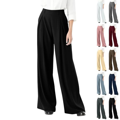 Work Pants Women Plus Size Elastic Waist Palazzo Pants Dressy Casual Office Pleated Stretchy Trouser Pants with Pockets