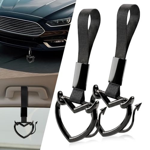Image of 2 Pcs Devil Heart Shaped Car Handle Strap - JD M Drift Charm Rear Bumper Warning Ring Decor for Car Interior Exterior, Subway Bus Handle Accessory, Cute Heart Car Decor Gift (Black-Tail)