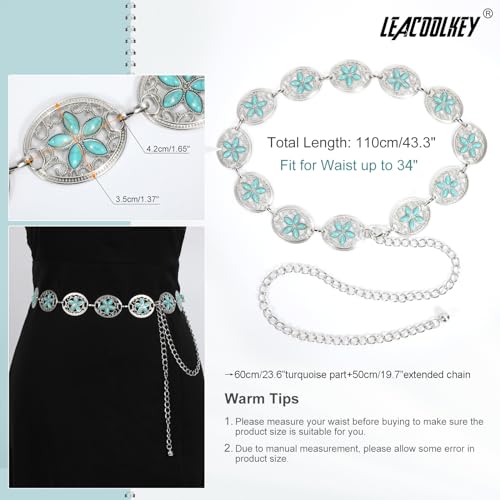 Image of LEACOOLKEY Women Turquoise Concho Chain Waist Belt Silver Western Cowgirl Metal Chain Belt for Dress Adjustable