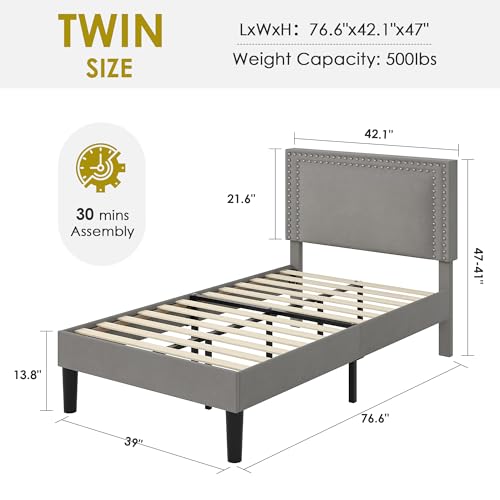 Image of VECELO Twin Size Platform Bed Frame with Height Adjustable Upholstered Headboard, Modern Mattress Foundation,Strong Wood Slat Support, No Box Spring Needed, Easy Assembly, Dark Grey
