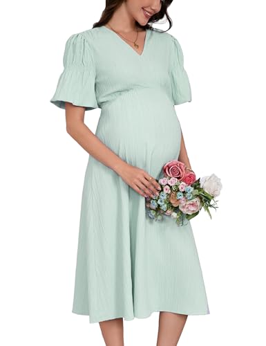 YesFashion Umstandskleid Damen Sommer Elegant V-Ausschnitt Langes Stillkleid Hohe Taille Casual Schwangerschaftskleid mit Laternenärmel Hellgrün L