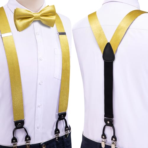 Image of Dubulle Suspender and Bow Tie for Men Paisley Solid Mens Suit Braces Pretied Bowtie and Handkerchief Cufflinks Formal Wedding