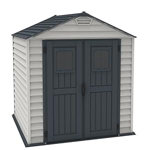 Duramax StoreMax PLUS Tuinhuisje van kunststof, 7 x 7 (4,44 m2) met robuuste kunststof vloer en vast raam op deuren, sterke metalen dakconstructie en onderhoudsvrije berging, donkergrijs en Adobe
