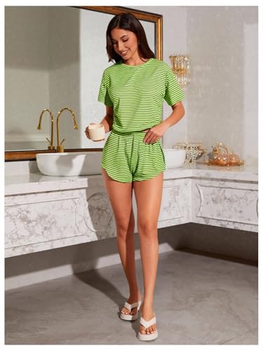 Image of OYOANGLE Womens Pajama Sets 2 Piece Sexy Lounge Sets Summer Cute Pjs Striped Print Tee and Side Split Shorts Set
