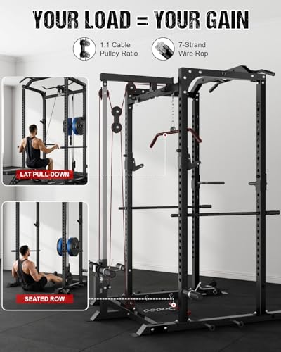 Image of C1-V4 Power Cage, 2000LBS Squat Rack with LAT Pulldown, Multi-Function Weight Cage Strength Training Machine, Workout Cage with More Attachments for Home Gym Garage