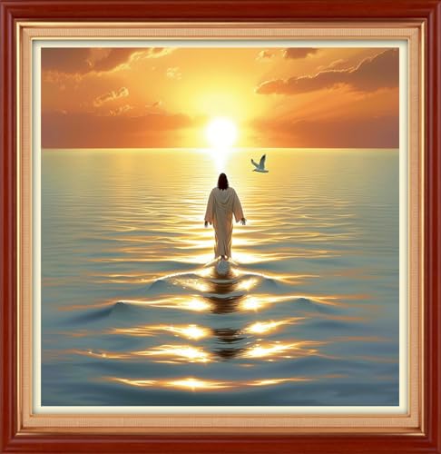 Image of Joyhoor Cross Stitch Kits for Beginners Stamped Cross-Stitch Supplies Needlework preprint Embroidery Kits for Adults DIY Needlepoint Kit Embroidery Patterns 11CT-Jesus Sunrise 18x18 inch