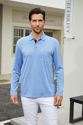 Men's Long Sleeve Polo Shirts Casual Button Classic Work Shirt Cotton Collared Basic Golf Shirt with Pocket - Image 6