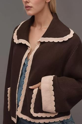 Women Scallop Collar Cardigan Sweaters Color Block Bell Sleeve Open Front Knit Cardigan Fall Sweater with Pockets3