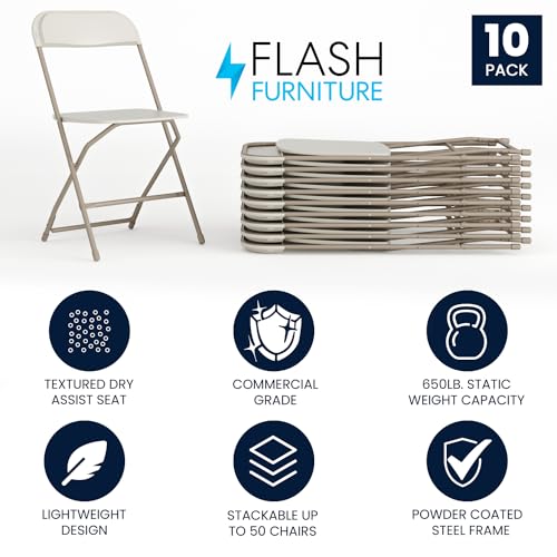 Image of Flash Furniture Hercules Series Plastic Folding Chairs for Parties and Weddings, Stackable Commercial Event Seats, Set of 10, Beige