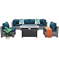 Lviden 7 Pieces Wicker Patio Furniture Set Rattan Outdoor Sectional Conversation Sofa Set with Fire Pit Table Non-Slip Cushions and Furniture Cover, Peacock Blue