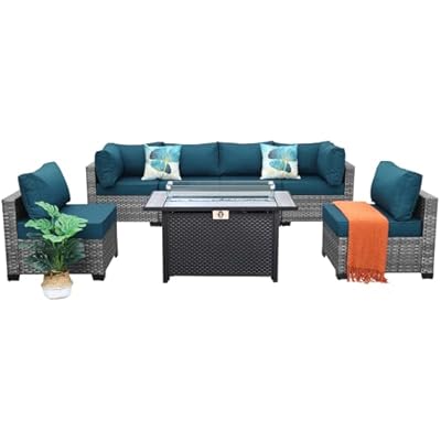 Lviden 7 Pieces Wicker Patio Furniture Set Rattan Outdoor Sectional Conversation Sofa Set with Fire Pit Table Non-Slip Cushions and Furniture Cover, Peacock Blue