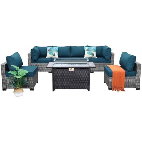 Lviden 7 Pieces Wicker Patio Furniture Set Rattan Outdoor Sectional Conversation Sofa Set with Fire Pit Table Non-Slip Cushions and Furniture Cover, Peacock Blue