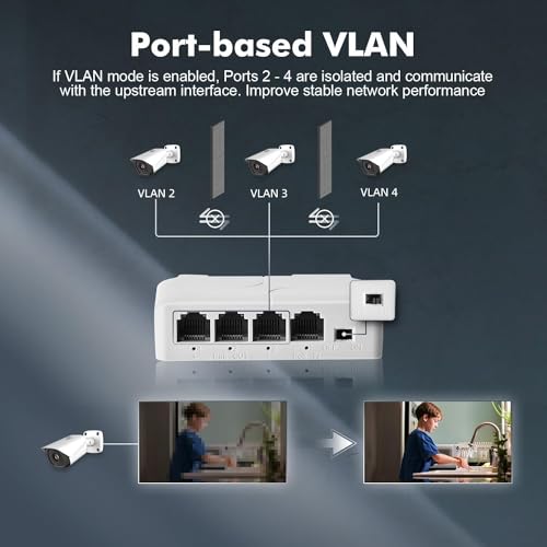 Image of 4 Port PoE Extender, 1 PoE in 3 PoE Out, IEEE802.3af /at PoE Powered Passthrough Switch, 100Mbps Ethernet, DIN Rail & Wall Mount